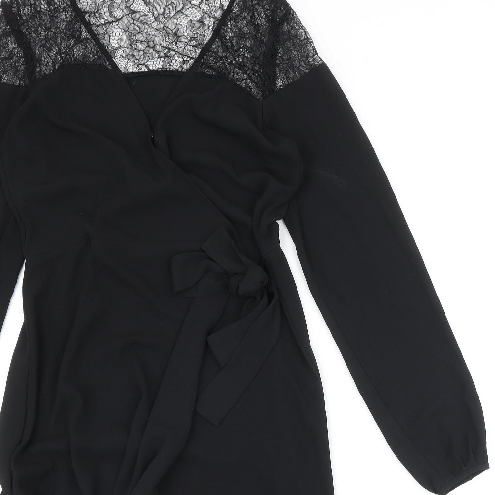 NEXT Womens Black Polyester Wrap Dress Size 10 V-Neck Snap - Lace Detail