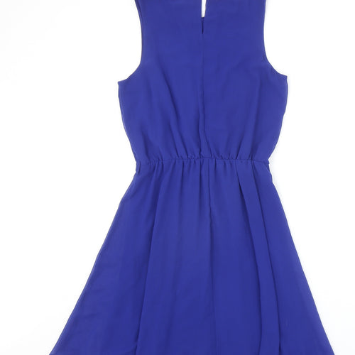New Look Womens Blue Polyester Fit & Flare Size 10 Scoop Neck Button