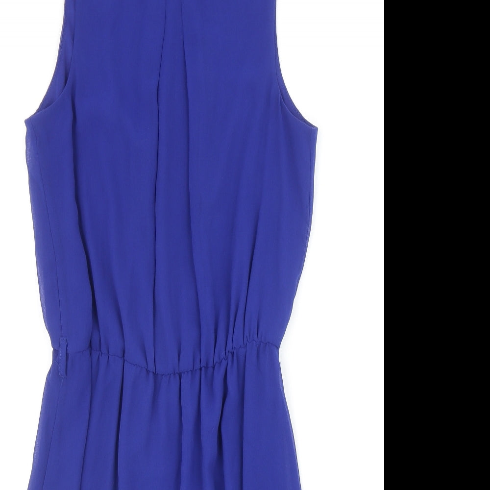 New Look Womens Blue Polyester Fit & Flare Size 10 Scoop Neck Button