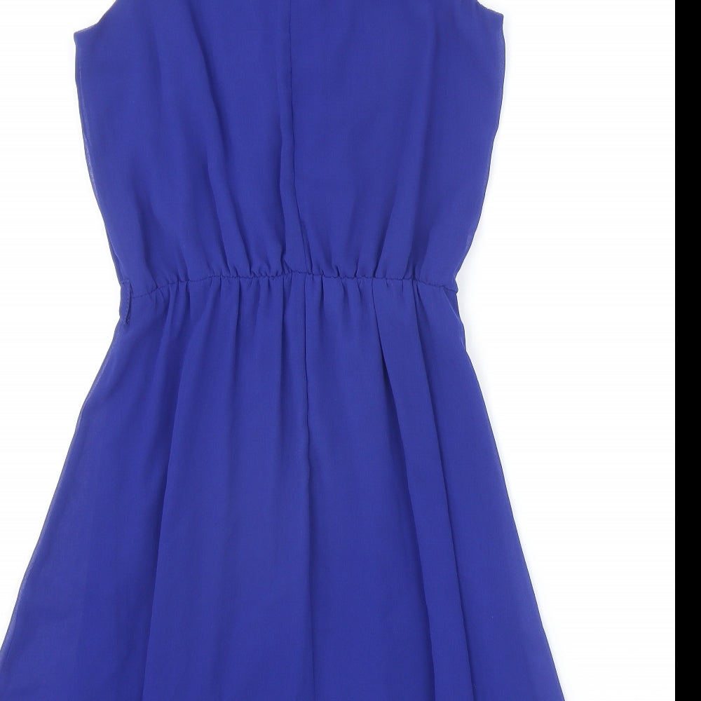 New Look Womens Blue Polyester Fit & Flare Size 10 Scoop Neck Button