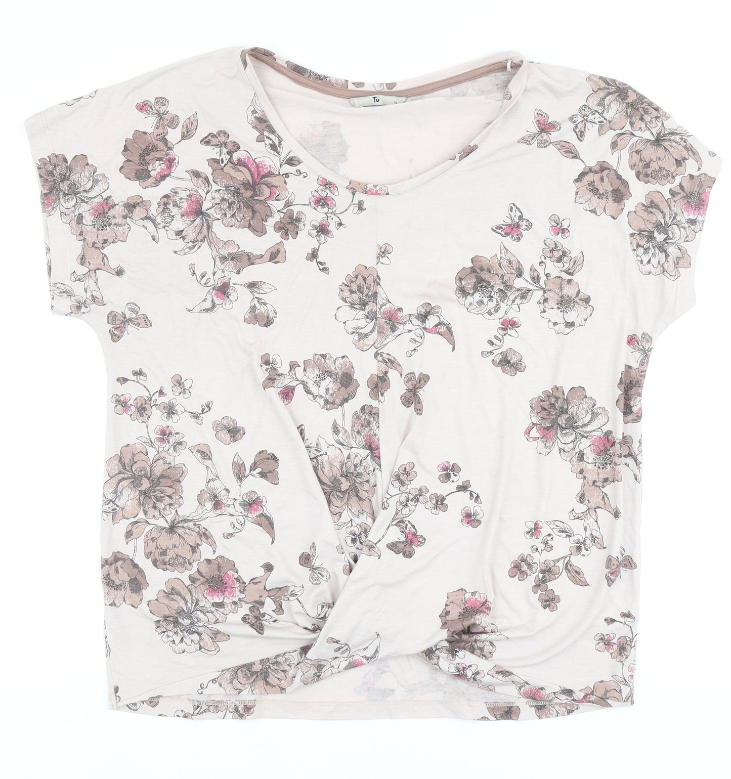 TU Womens Pink Floral Polyester Basic T-Shirt Size 16 Scoop Neck - Knot Front
