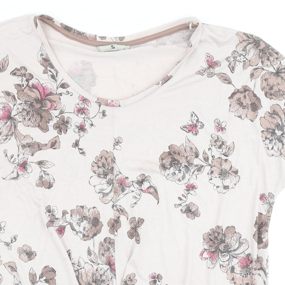 TU Womens Pink Floral Polyester Basic T-Shirt Size 16 Scoop Neck - Knot Front