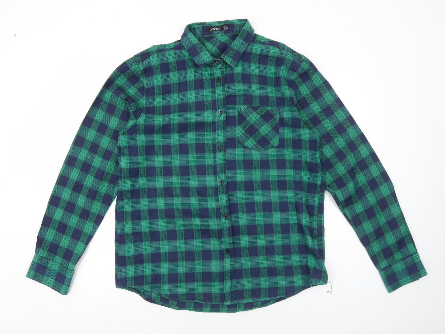 Boohoo Womens Green Plaid Cotton Basic Button-Up Size 14 Collared