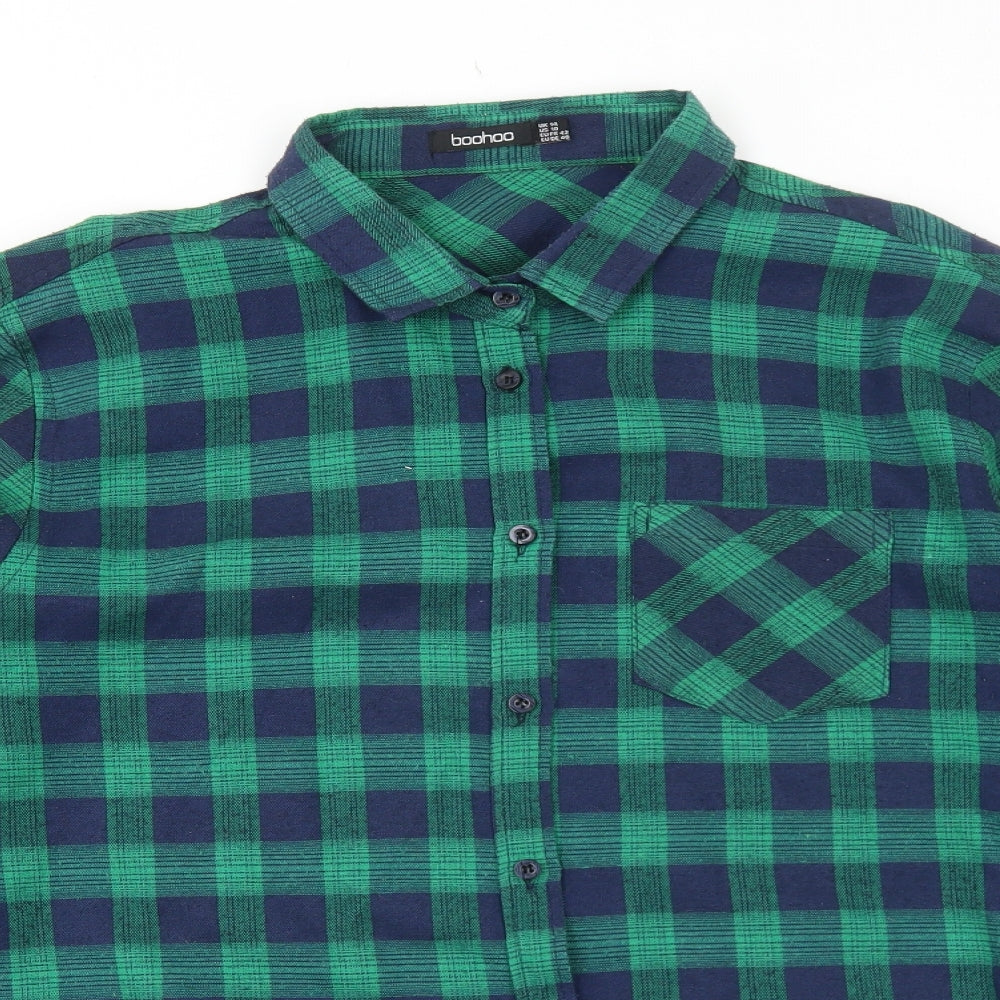 Boohoo Womens Green Plaid Cotton Basic Button-Up Size 14 Collared
