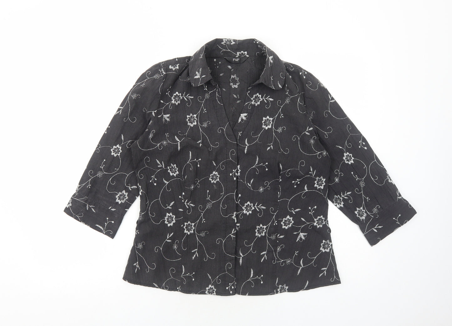 F&F Womens Grey Geometric Cotton Basic Button-Up Size M Collared