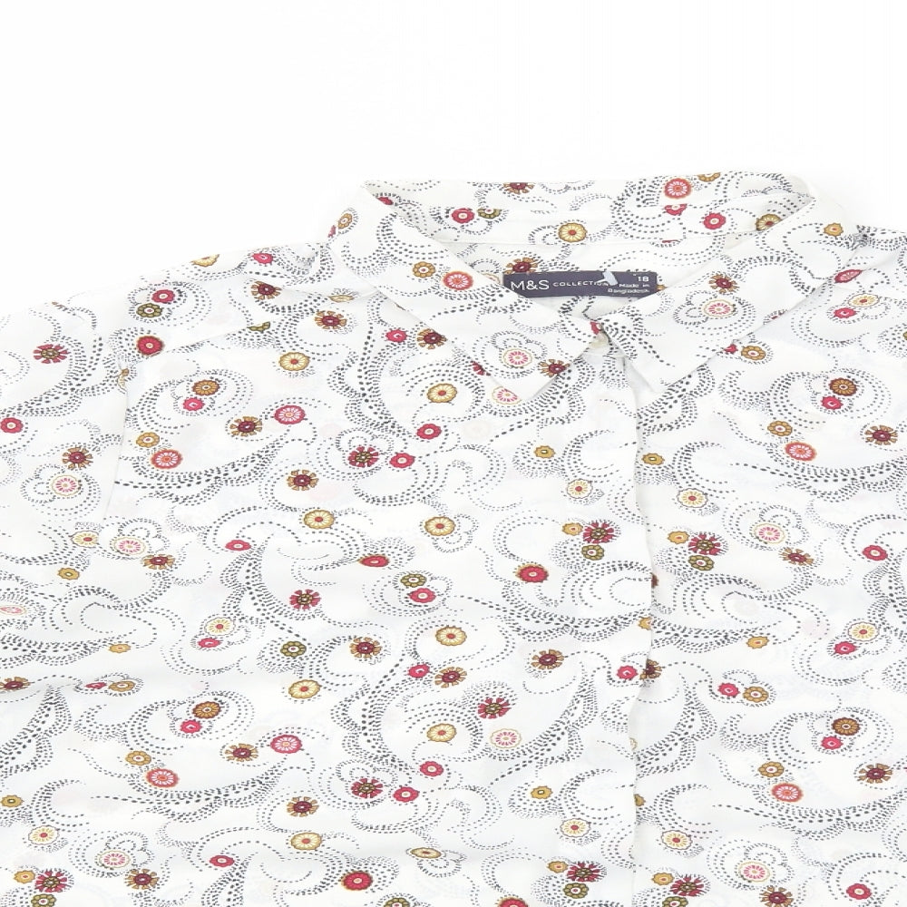 Marks and Spencer Womens White Geometric Polyester Basic Button-Up Size 18 Collared