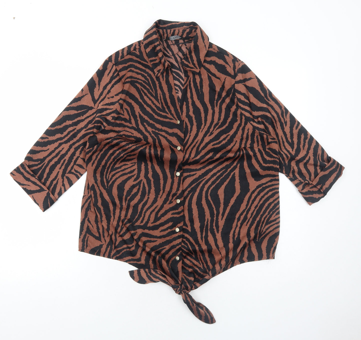F&F Womens Brown Geometric Polyester Basic Button-Up Size 12 Collared - Tiger Print
