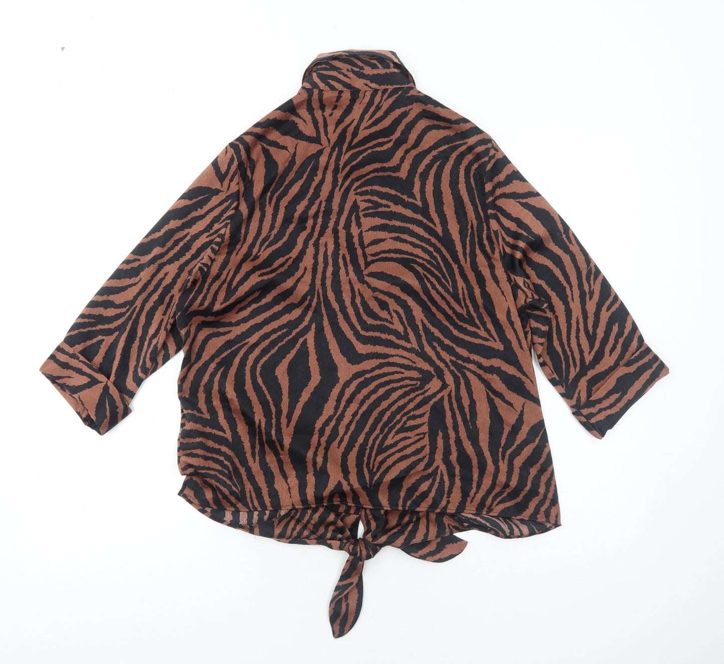 F&F Womens Brown Geometric Polyester Basic Button-Up Size 12 Collared - Tiger Print