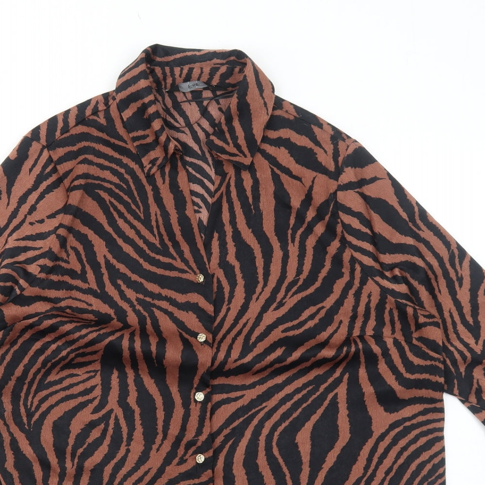 F&F Womens Brown Geometric Polyester Basic Button-Up Size 12 Collared - Tiger Print