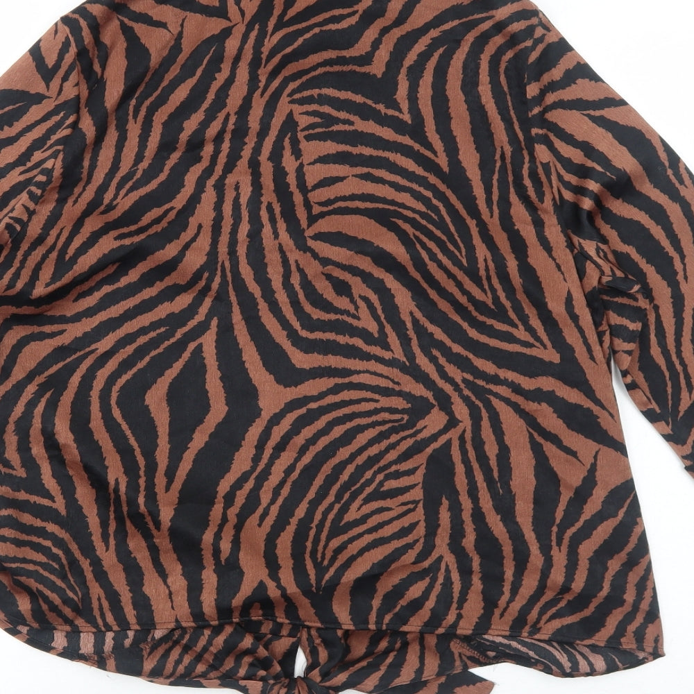 F&F Womens Brown Geometric Polyester Basic Button-Up Size 12 Collared - Tiger Print