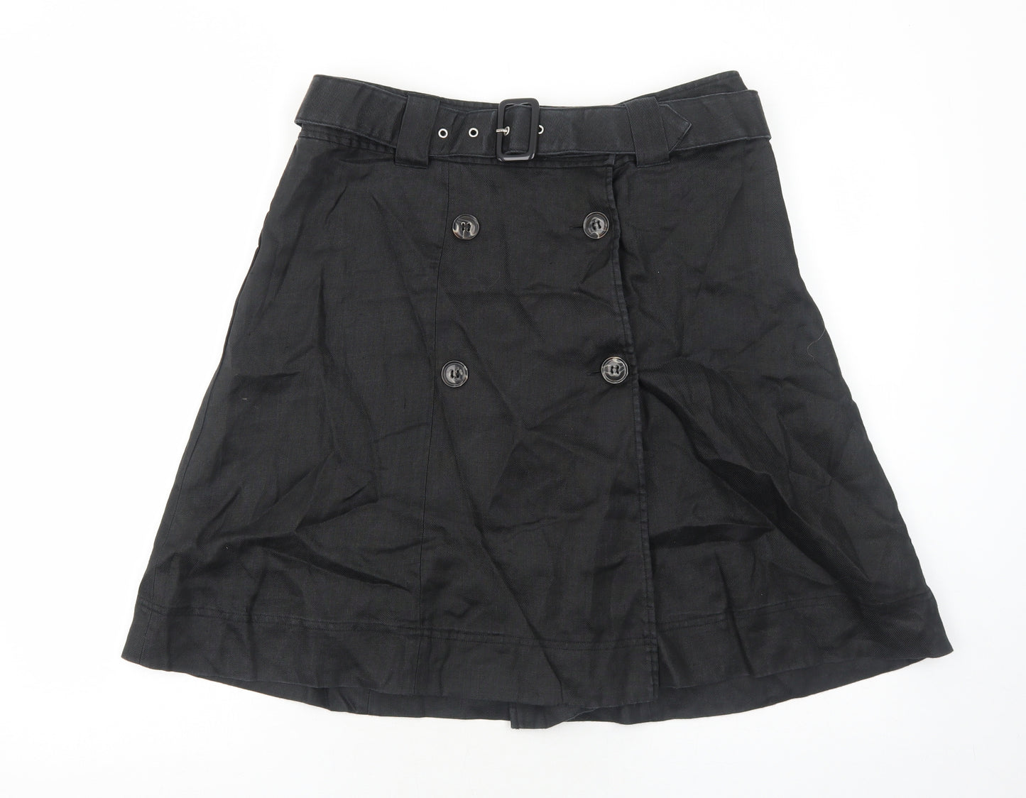 Dunnes Stores Womens Black Ramie A-Line Skirt Size 14 Button - Belt Included