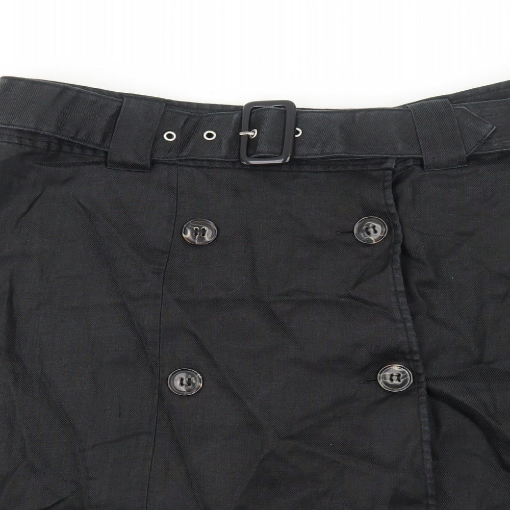 Dunnes Stores Womens Black Ramie A-Line Skirt Size 14 Button - Belt Included