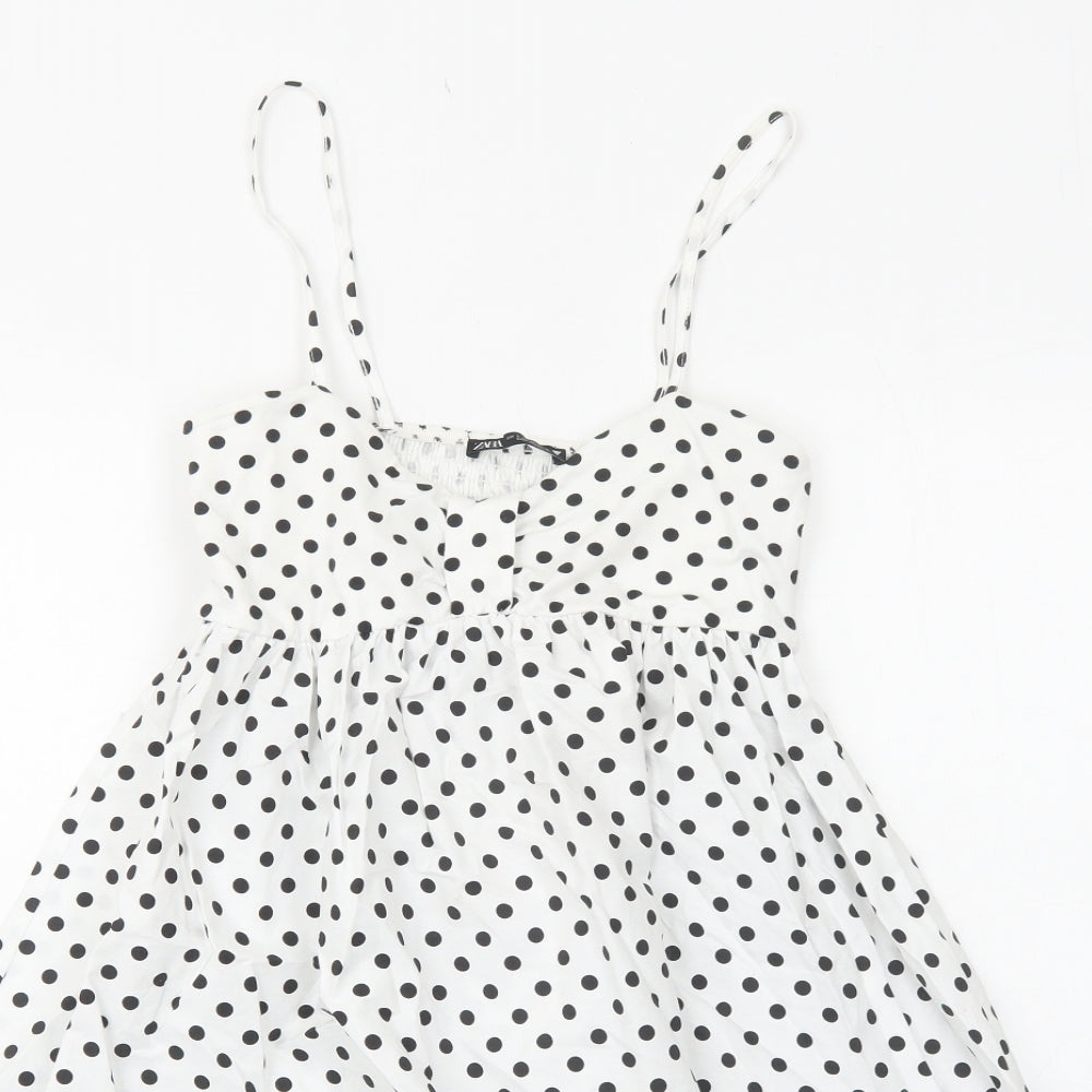Zara Womens White Polka Dot Cotton Tank Dress Size S V-Neck Pullover