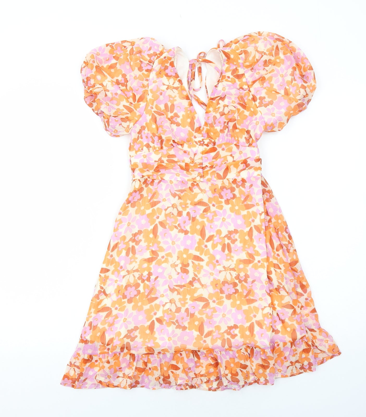 New Look Womens Orange Floral Polyester Fit & Flare Size 8 V-Neck Pullover