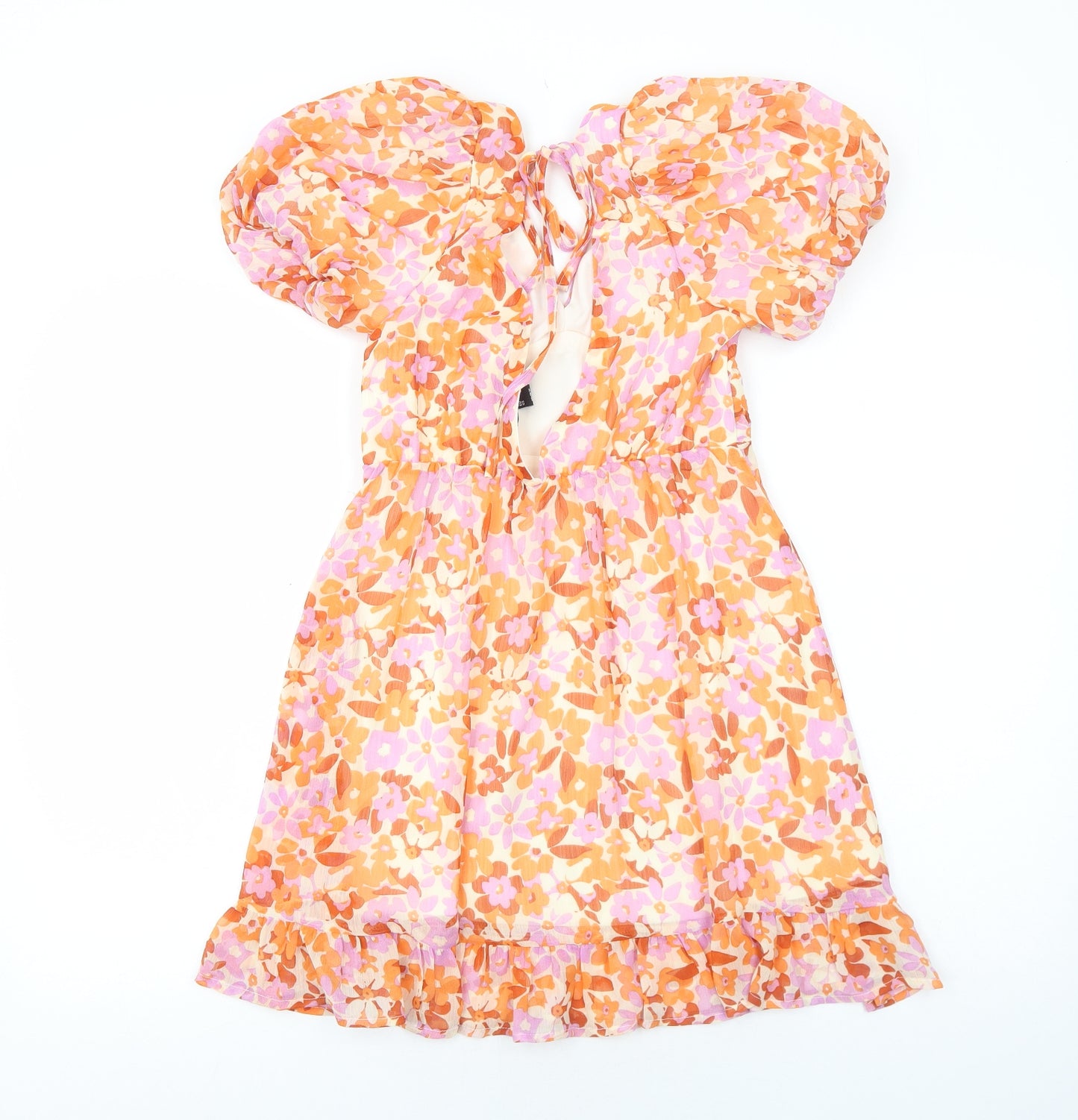 New Look Womens Orange Floral Polyester Fit & Flare Size 8 V-Neck Pullover