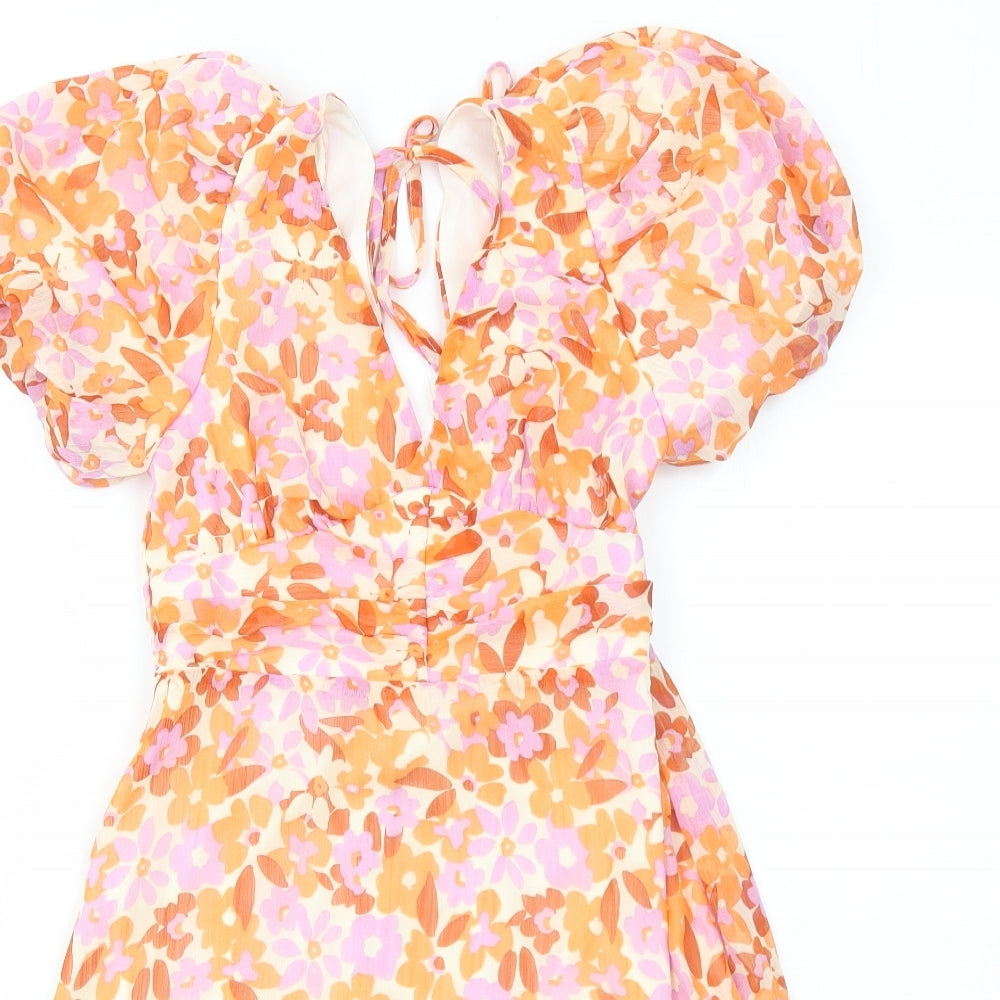 New Look Womens Orange Floral Polyester Fit & Flare Size 8 V-Neck Pullover