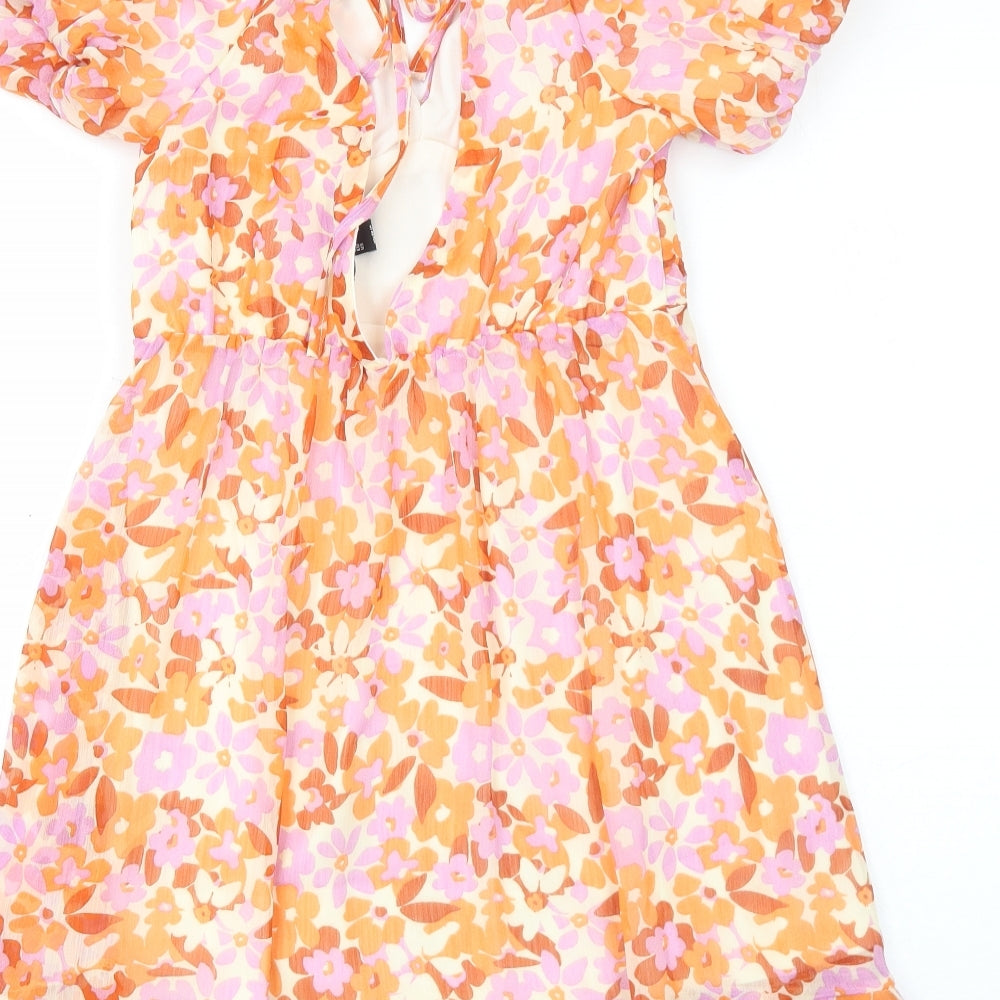 New Look Womens Orange Floral Polyester Fit & Flare Size 8 V-Neck Pullover