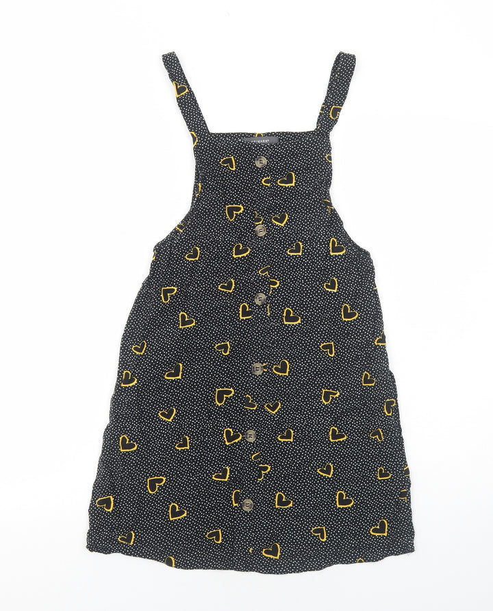 Primark Womens Black Geometric Viscose Pinafore/Dungaree Dress Size 6 Square Neck Pullover