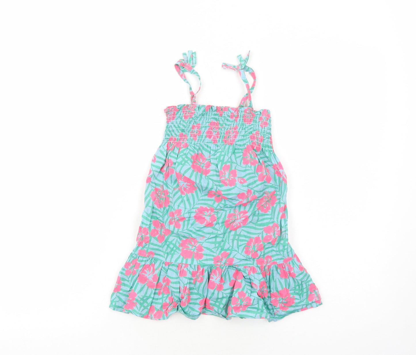 Primark Girls Green Floral Cotton Tank Dress Size 4-5 Years Square Neck Pullover - Shirred Top
