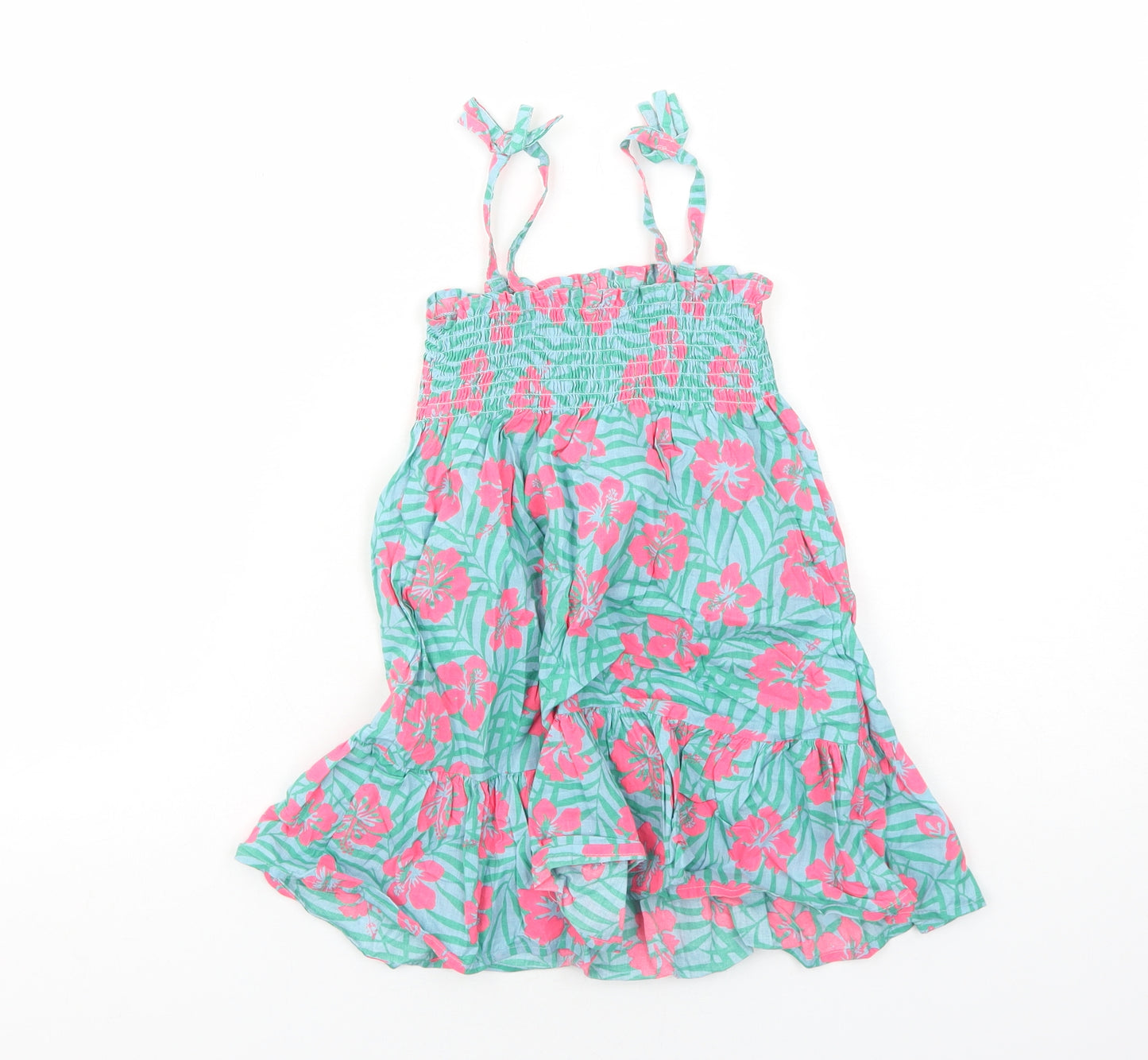 Primark Girls Green Floral Cotton Tank Dress Size 4-5 Years Square Neck Pullover - Shirred Top