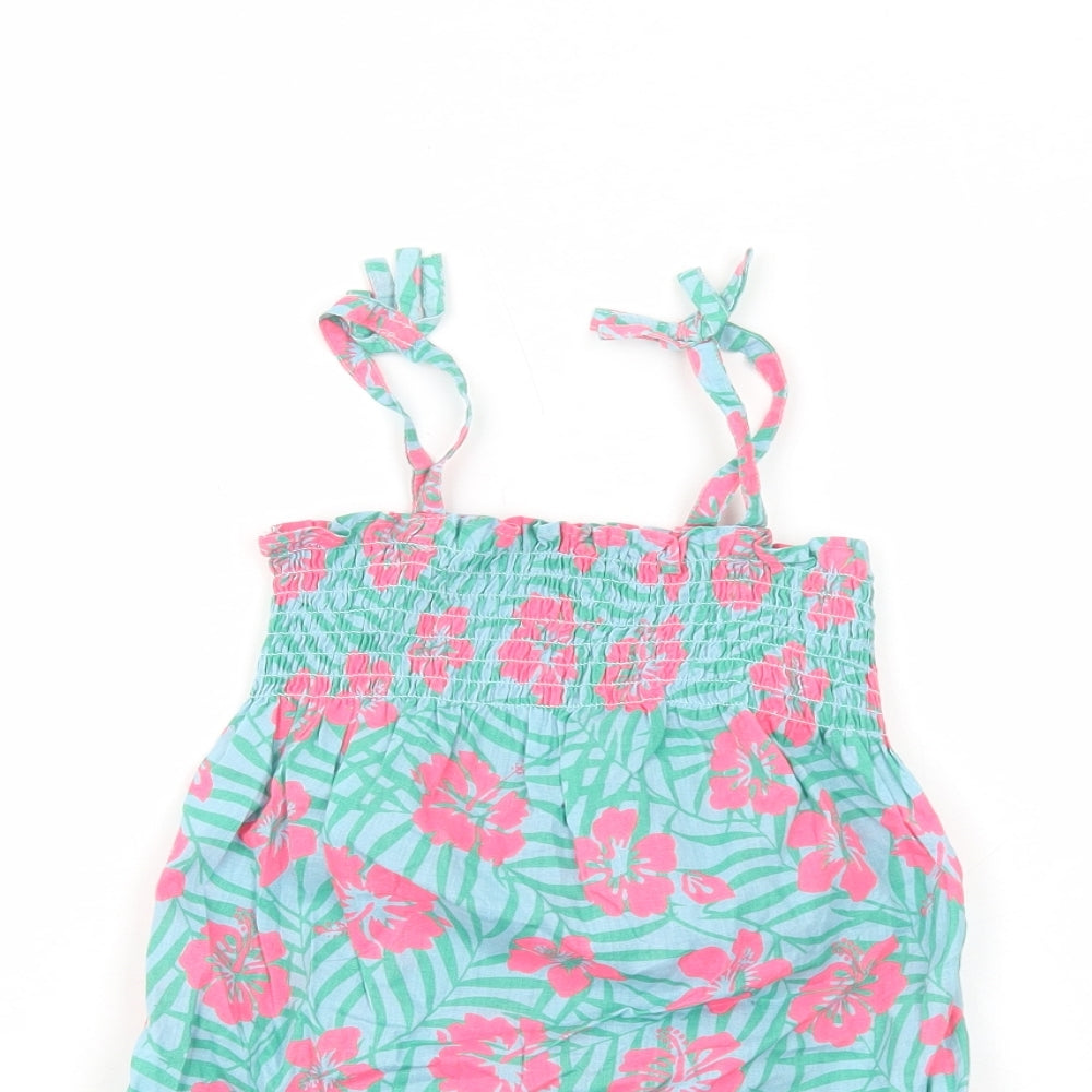 Primark Girls Green Floral Cotton Tank Dress Size 4-5 Years Square Neck Pullover - Shirred Top