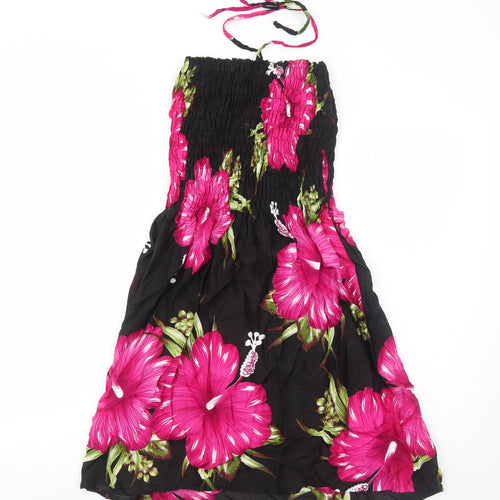 Mc.Clain Womens Black Floral Viscose Fit & Flare Size S Halter Pullover - Shirred