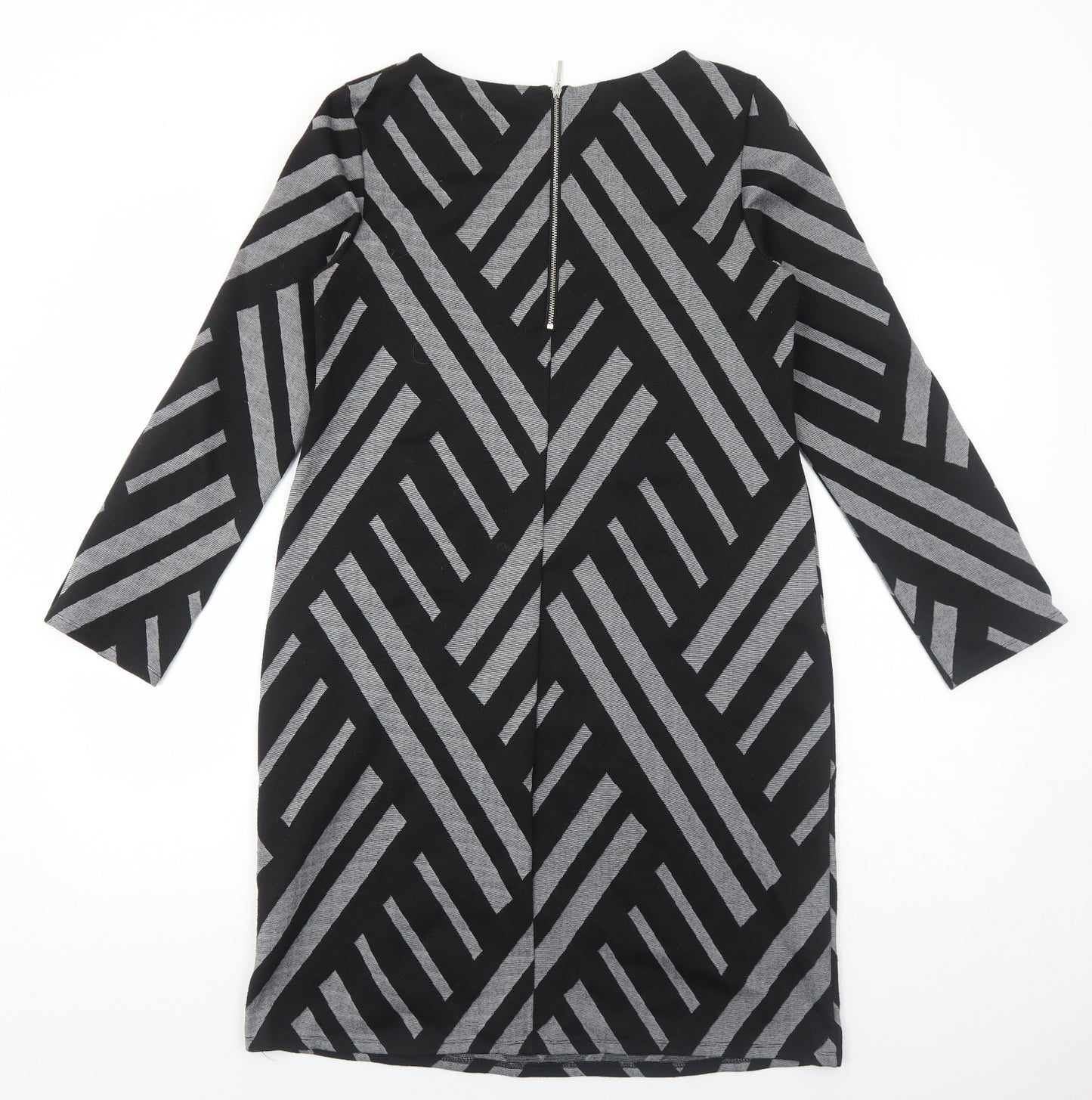 Preworn Womens Black Geometric Polyester Shift Size 10 Scoop Neck Zip