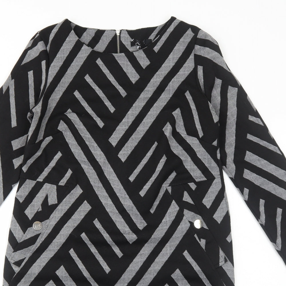 Preworn Womens Black Geometric Polyester Shift Size 10 Scoop Neck Zip