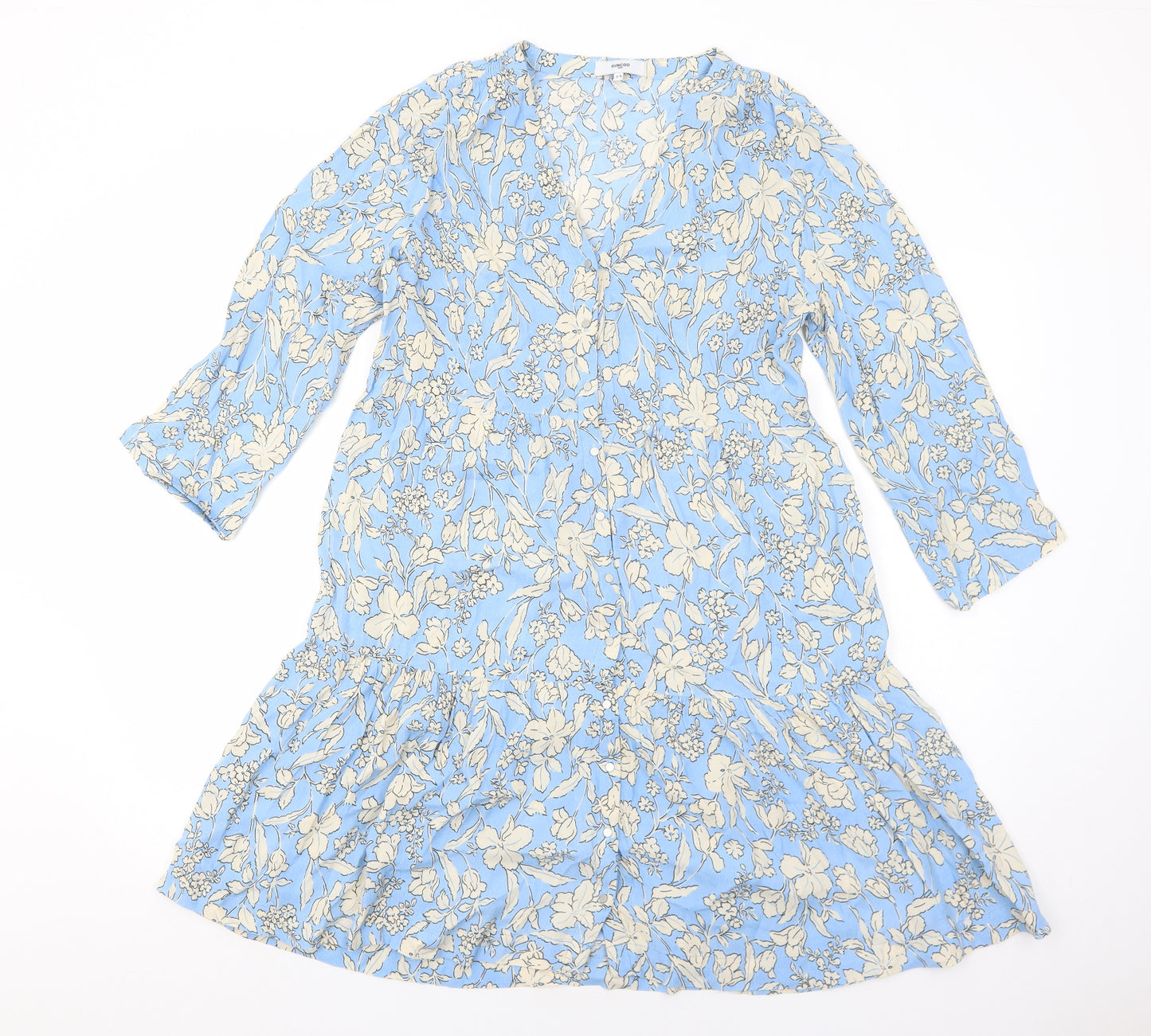 Suncoo Womens Blue Floral Polyester Shirt Dress Size L V-Neck Button