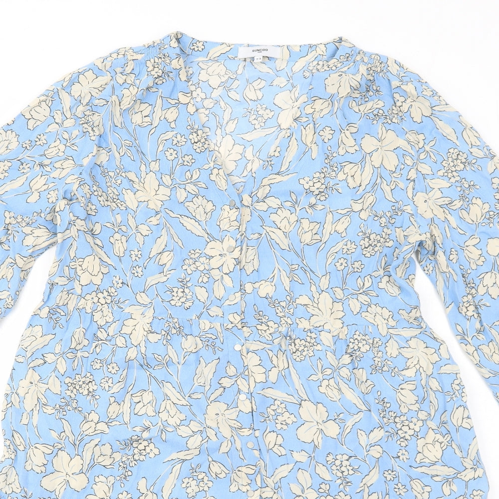 Suncoo Womens Blue Floral Polyester Shirt Dress Size L V-Neck Button