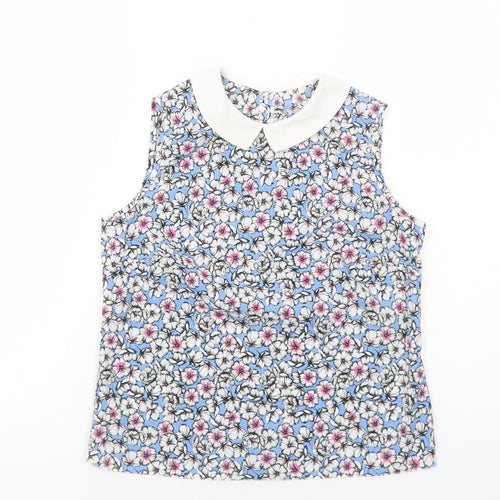 Preworn Womens Blue Floral Polyester Basic Tank Size S Collared