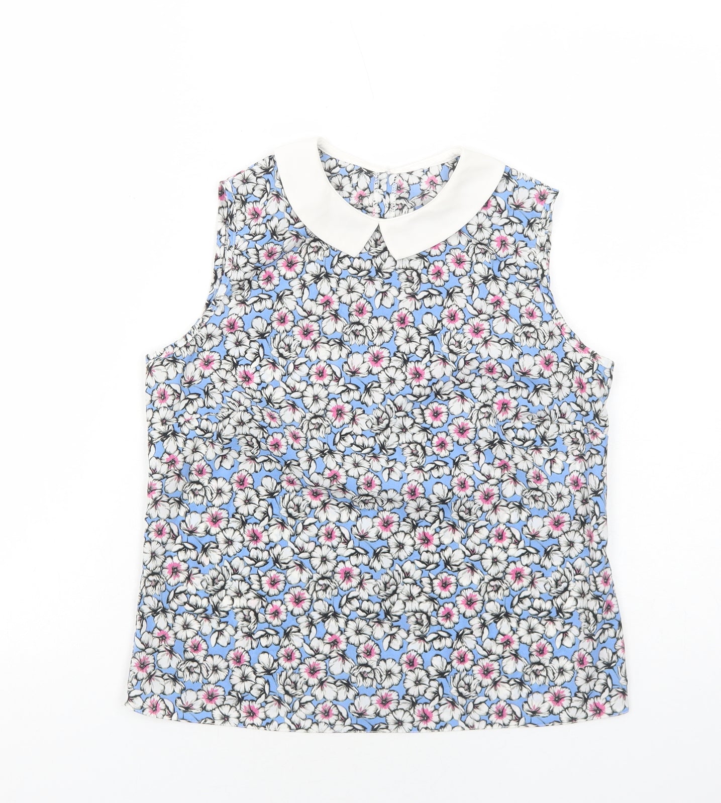 Preworn Womens Blue Floral Polyester Basic Tank Size S Collared