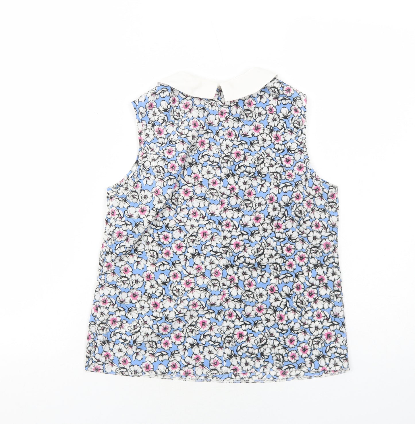 Preworn Womens Blue Floral Polyester Basic Tank Size S Collared
