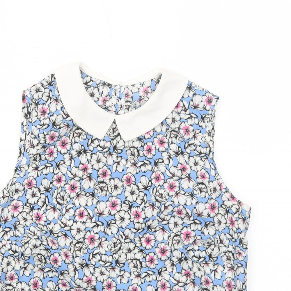 Preworn Womens Blue Floral Polyester Basic Tank Size S Collared