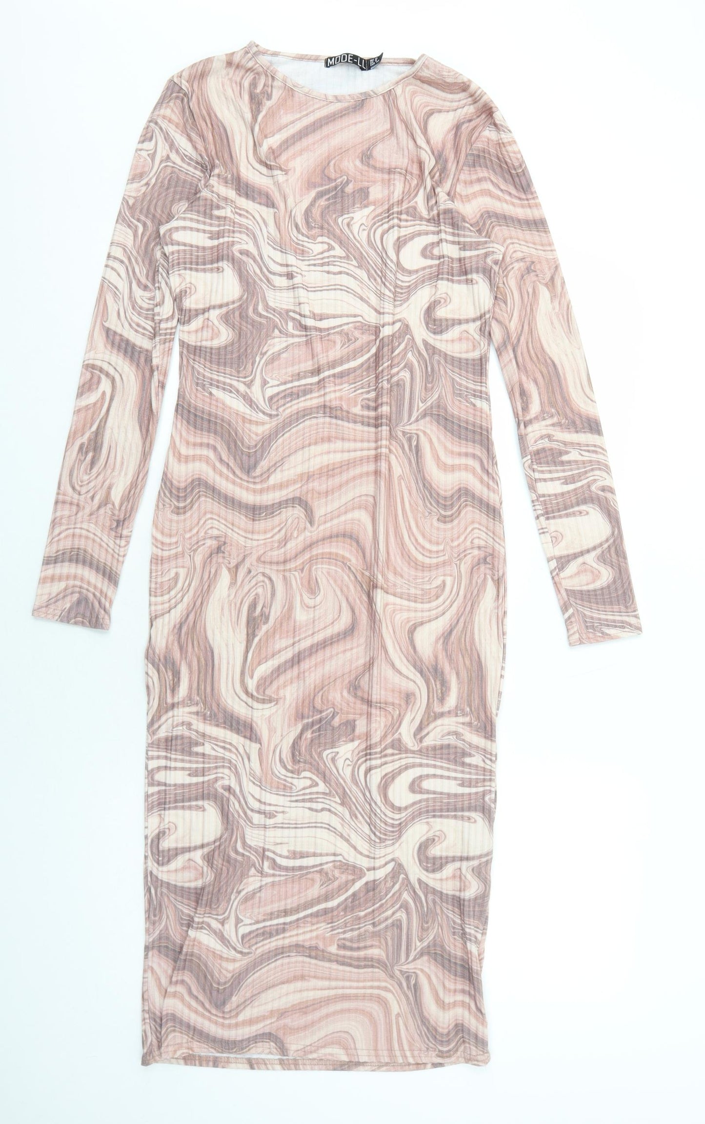 Mode-ll Womens Brown Geometric Polyester A-Line Size 12 Boat Neck Pullover - Marble Print Ribbed