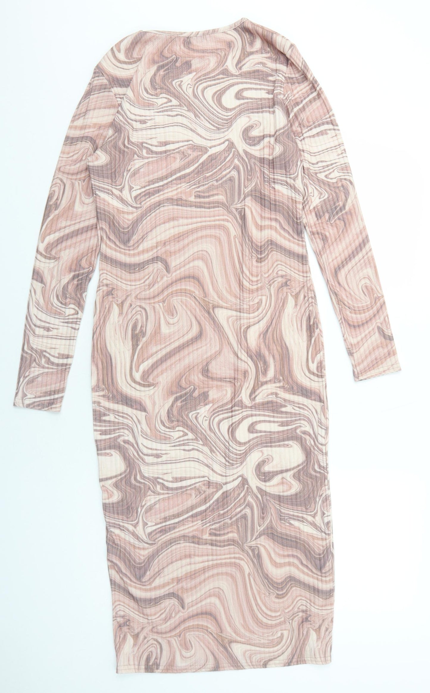 Mode-ll Womens Brown Geometric Polyester A-Line Size 12 Boat Neck Pullover - Marble Print Ribbed