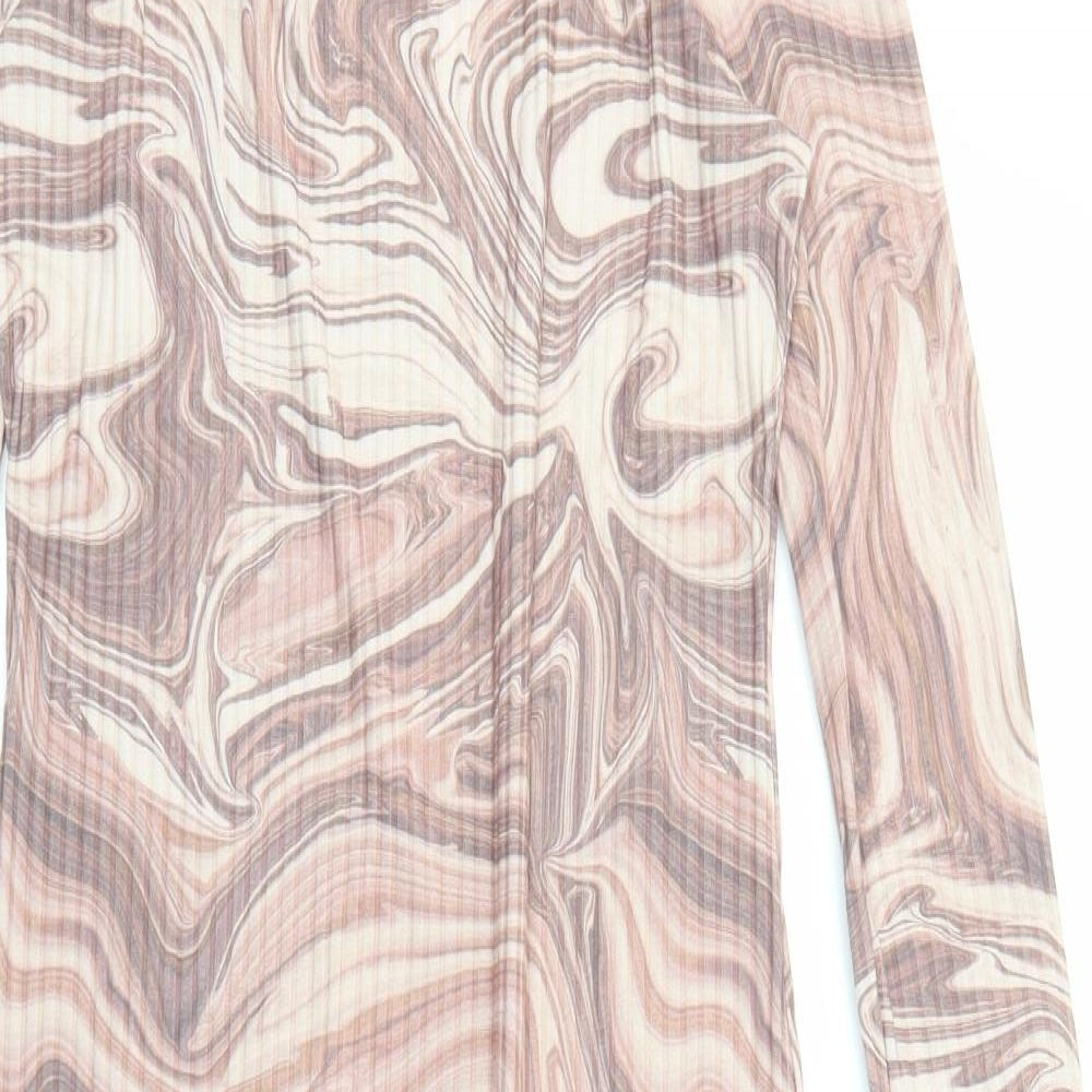 Mode-ll Womens Brown Geometric Polyester A-Line Size 12 Boat Neck Pullover - Marble Print Ribbed