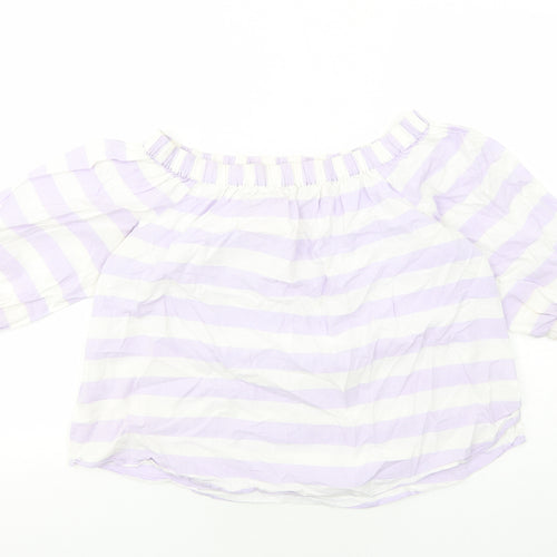 Marks and Spencer Womens Purple Striped Cotton Basic Blouse Size 12 Off the Shoulder - Bardot