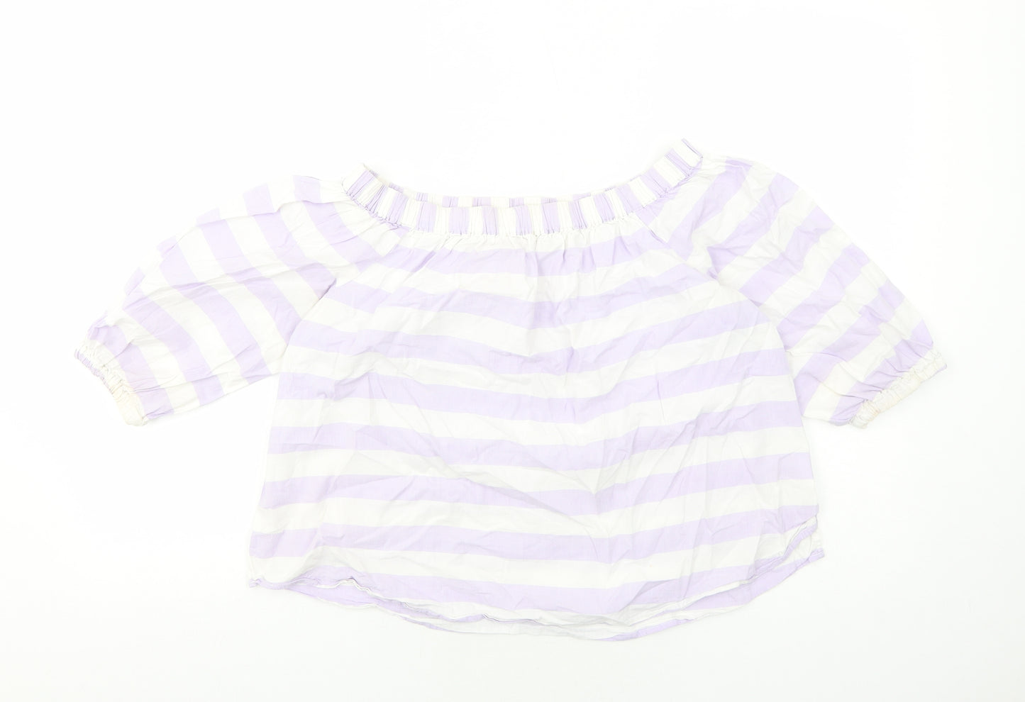 Marks and Spencer Womens Purple Striped Cotton Basic Blouse Size 12 Off the Shoulder - Bardot
