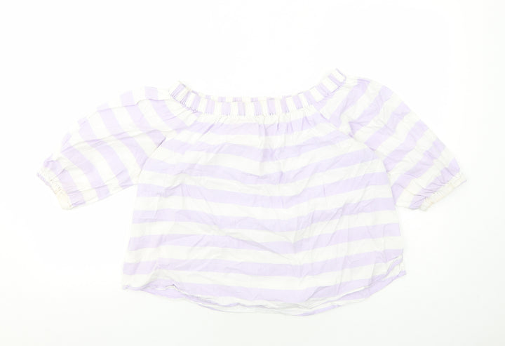 Marks and Spencer Womens Purple Striped Cotton Basic Blouse Size 12 Off the Shoulder - Bardot