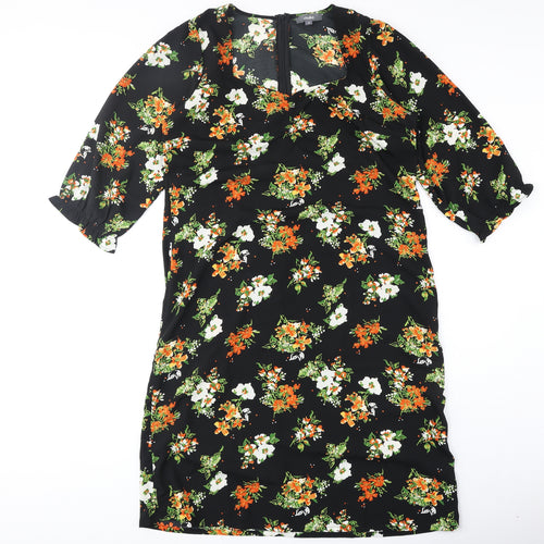 Studio Womens Black Floral Polyester A-Line Size 16 V-Neck Zip