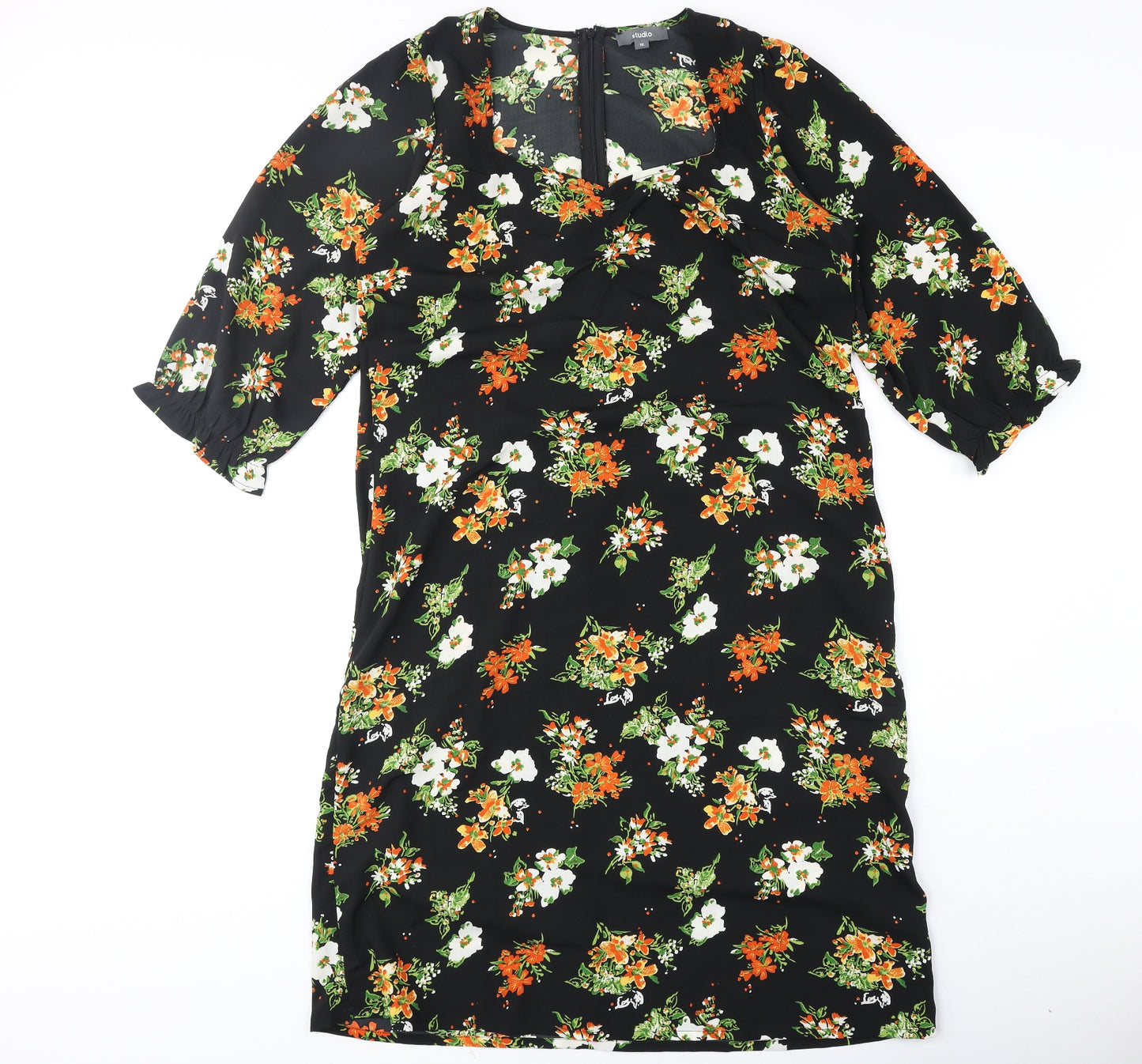 Studio Womens Black Floral Polyester A-Line Size 16 V-Neck Zip