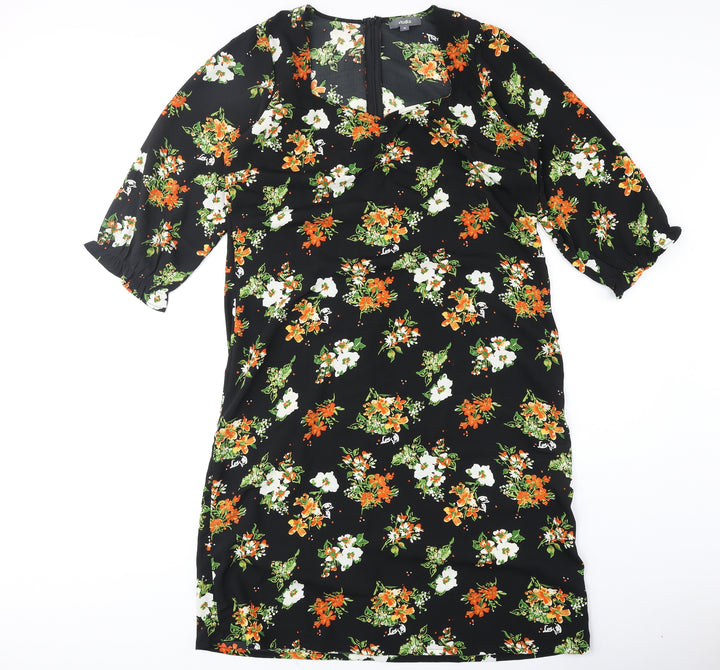 Studio Womens Black Floral Polyester A-Line Size 16 V-Neck Zip