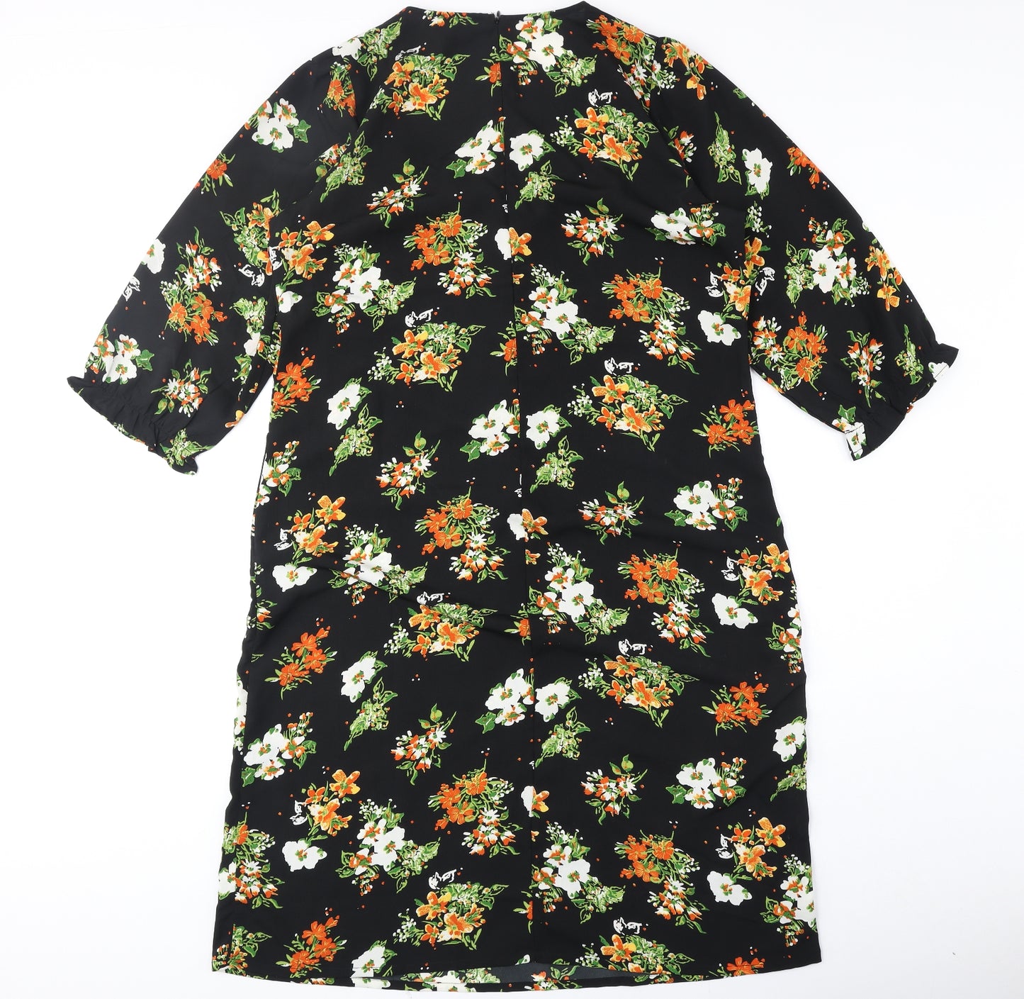 Studio Womens Black Floral Polyester A-Line Size 16 V-Neck Zip