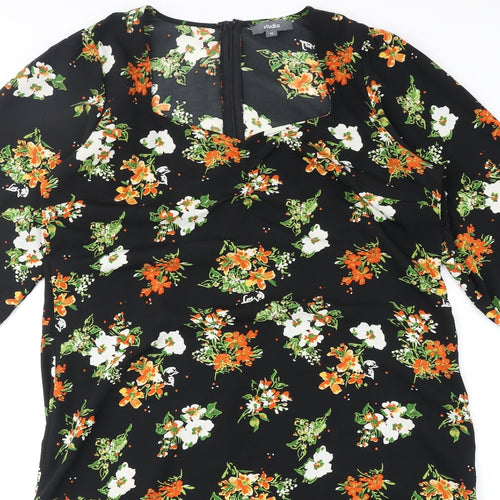 Studio Womens Black Floral Polyester A-Line Size 16 V-Neck Zip