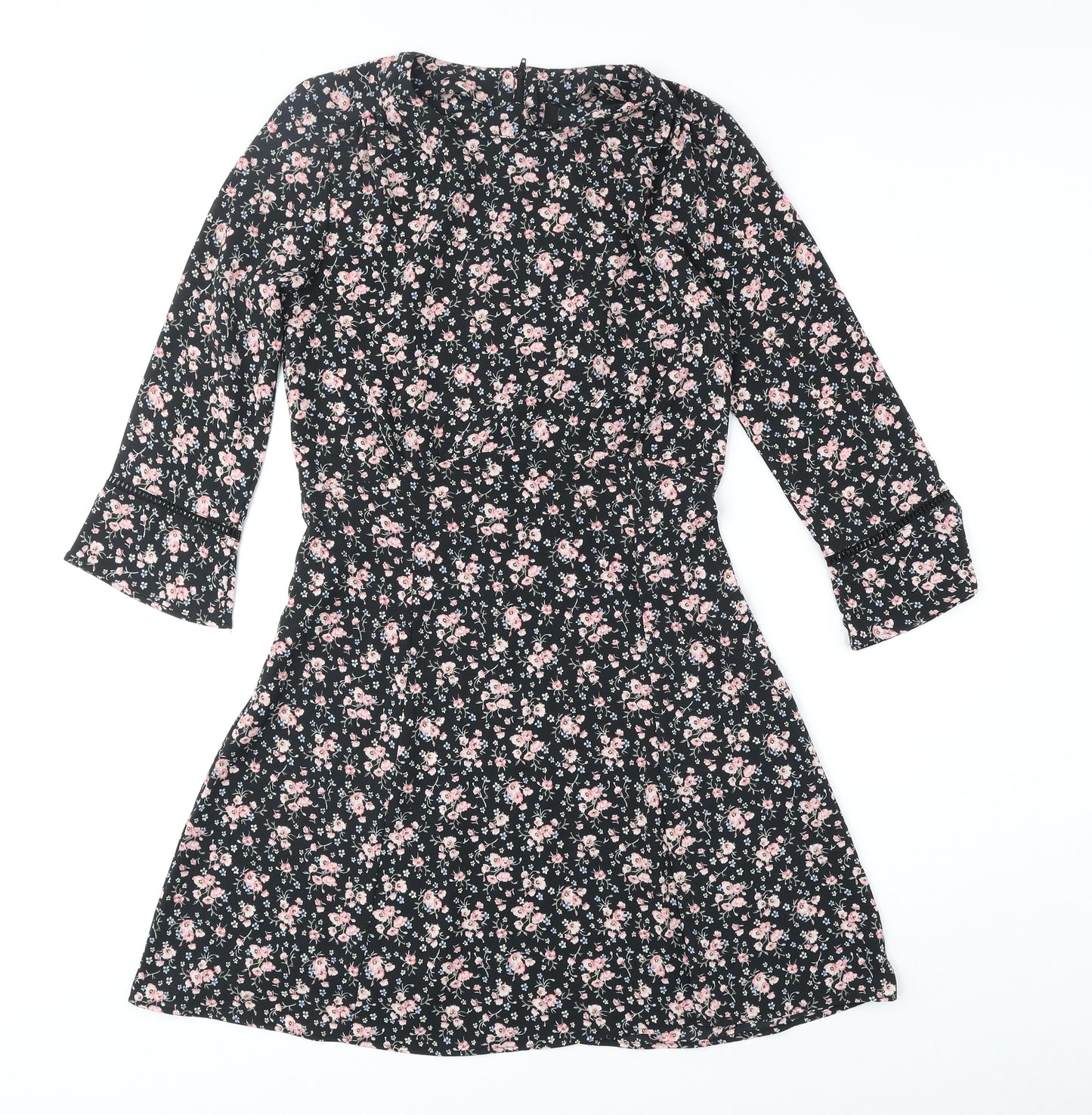 Divided by H&M Womens Black Floral Polyester A-Line Size 8 Round Neck Zip