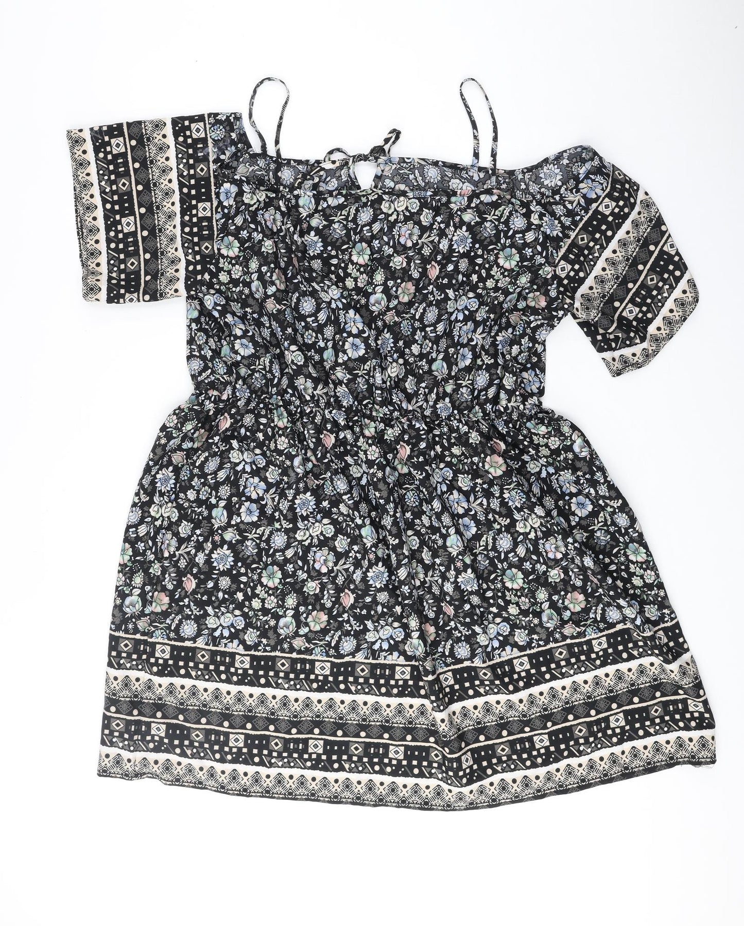 SheIn Womens Black Geometric Polyester A-Line Size 3XL Square Neck Tie