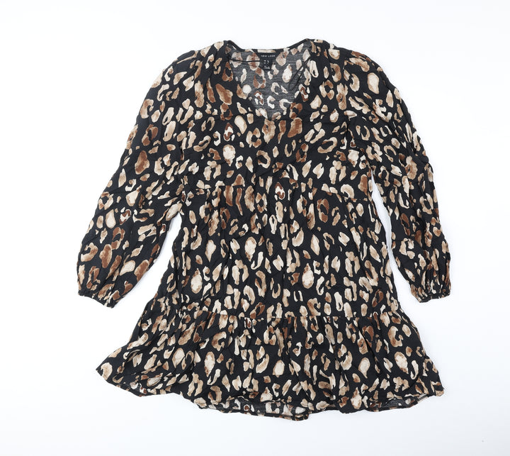New Look Womens Brown Animal Print Polyester Fit & Flare Size 8 V-Neck Pullover - Leopard Pattern
