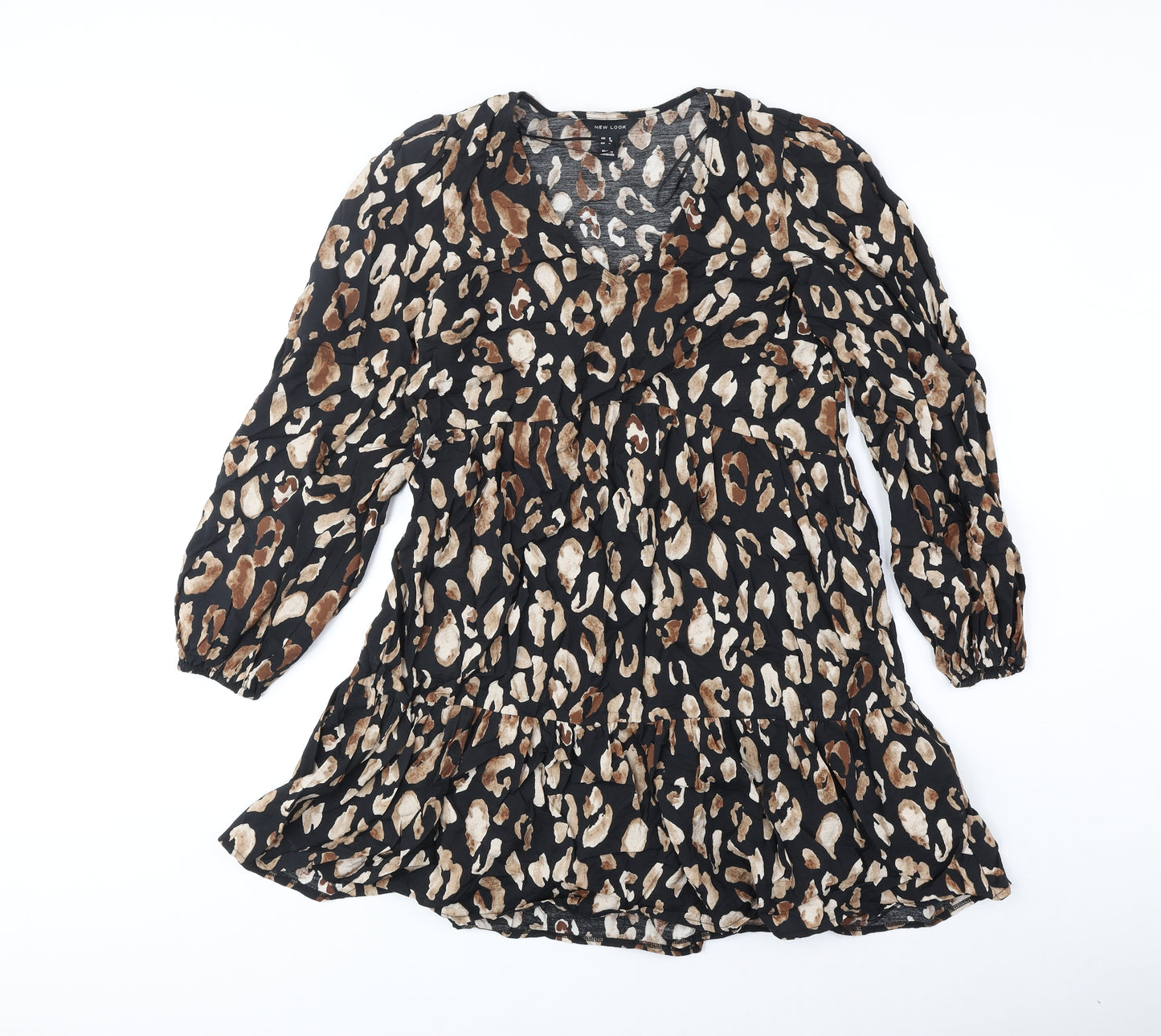 New Look Womens Brown Animal Print Polyester Fit & Flare Size 8 V-Neck Pullover - Leopard Pattern