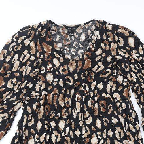New Look Womens Brown Animal Print Polyester Fit & Flare Size 8 V-Neck Pullover - Leopard Pattern